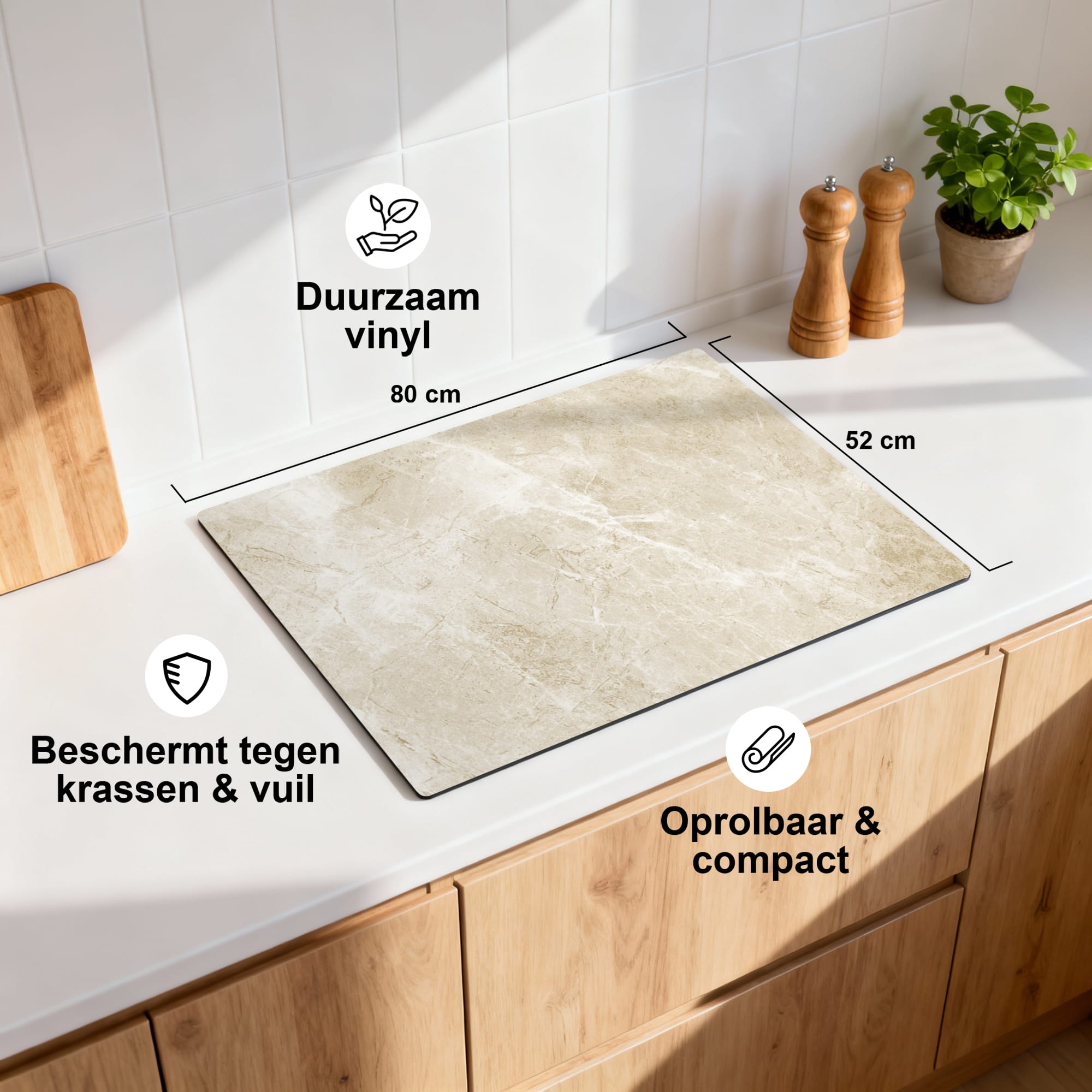 [infographic] Beige Marble inductiebeschermer sfeer bovenaanzicht — KitchenArt