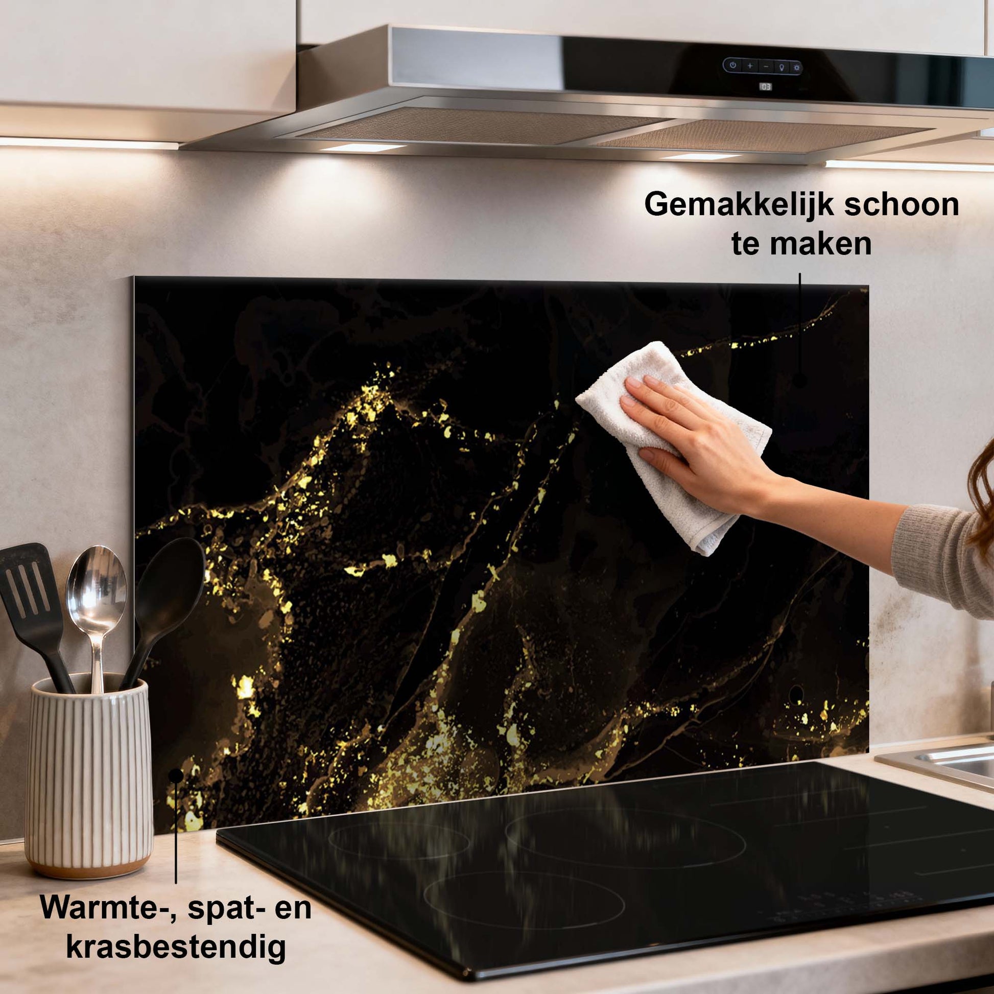 [infographic] Black Marble Gold spatscherm sfeer bovenaanzicht — KitchenArt