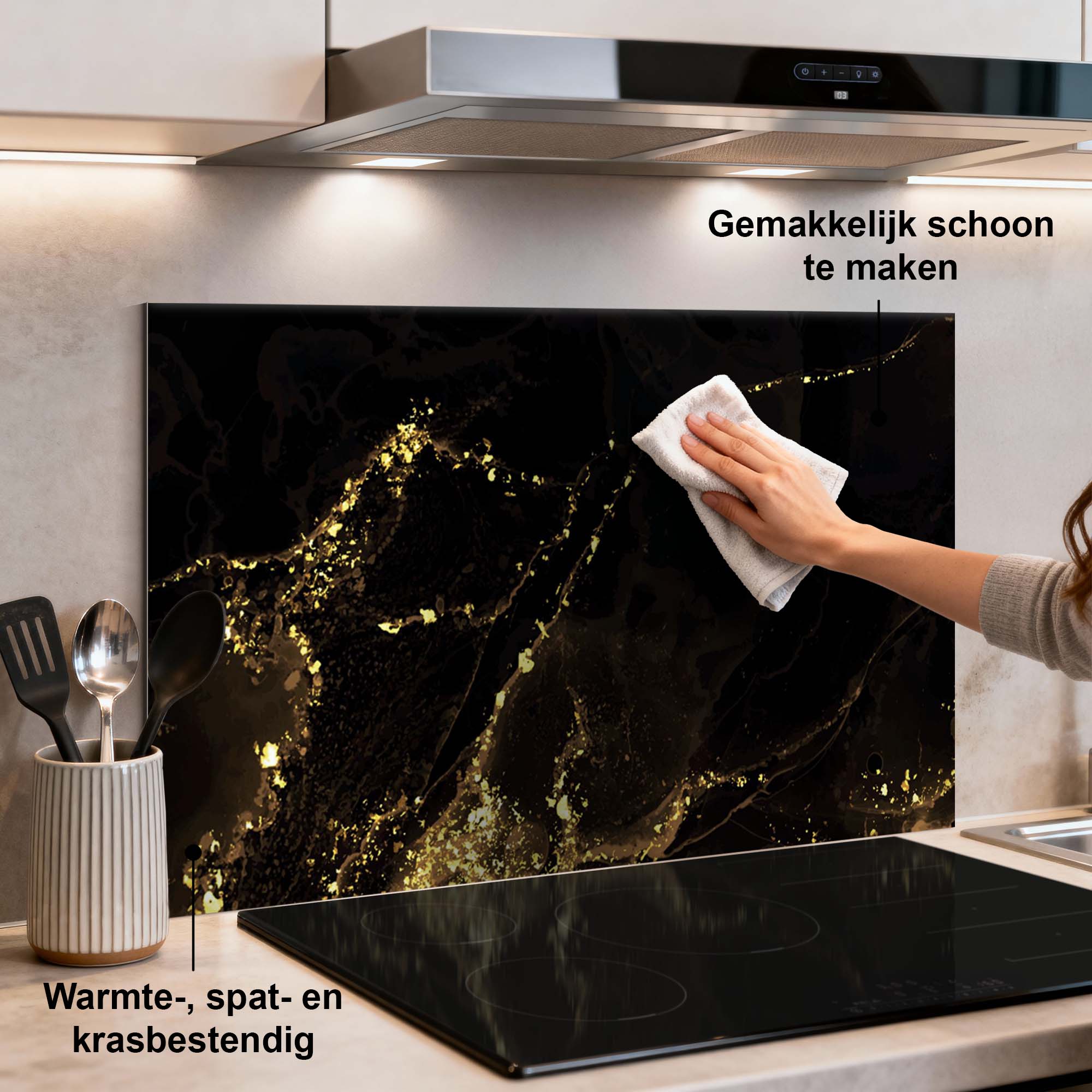 [infographic] Black Marble Gold spatscherm sfeer bovenaanzicht — KitchenArt